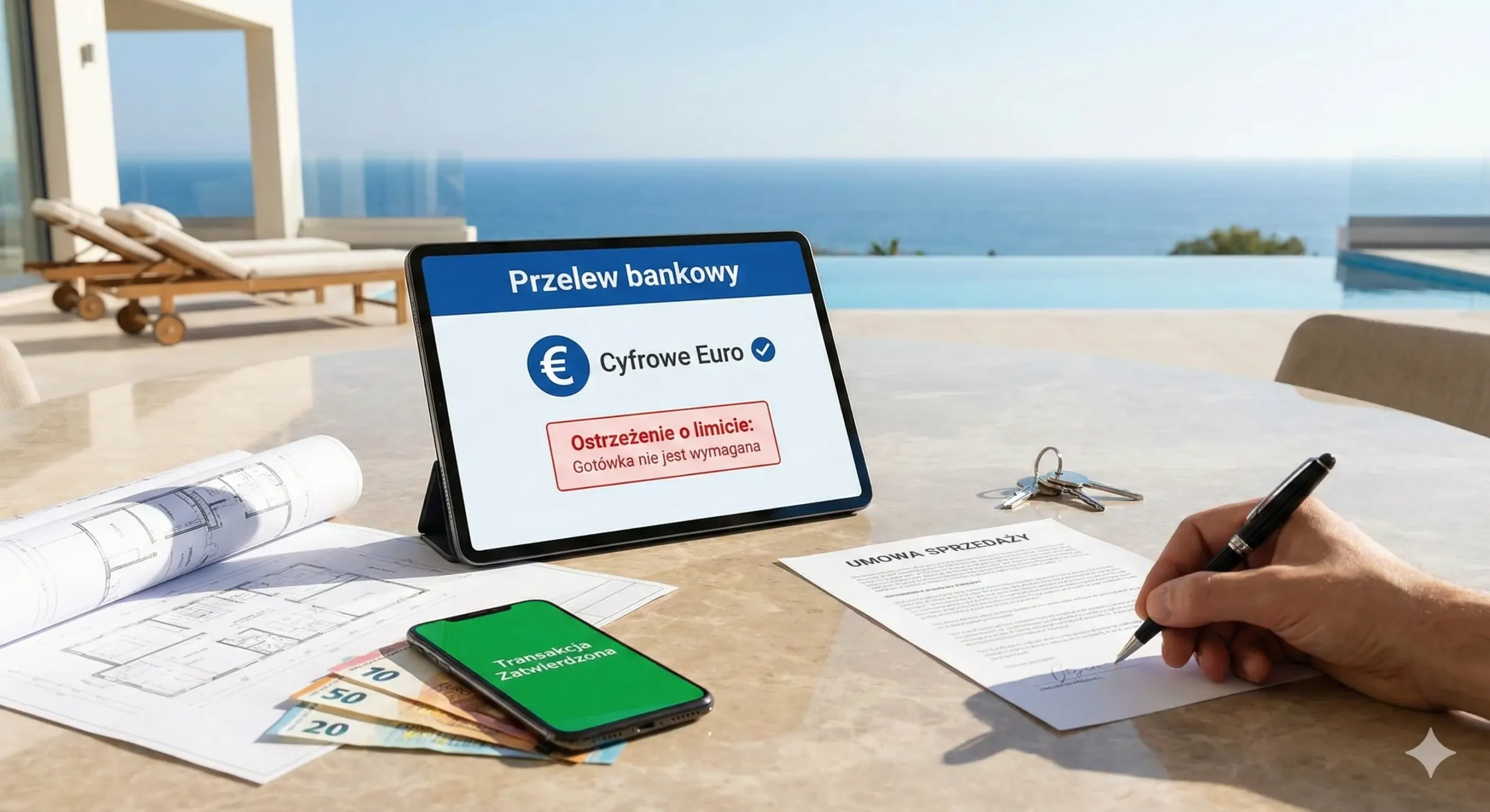 Bezpieczne transakcje nieruchomościowe na Cyprze – Cyfrowe Euro Tablet z polskim interfejsem bankowym pokazującym Cyfrowe Euro, podpisywana umowa sprzedaży nieruchomości, klucze i gotówka na tle luksusowej willi z basenem w Pafos na Cyprze.