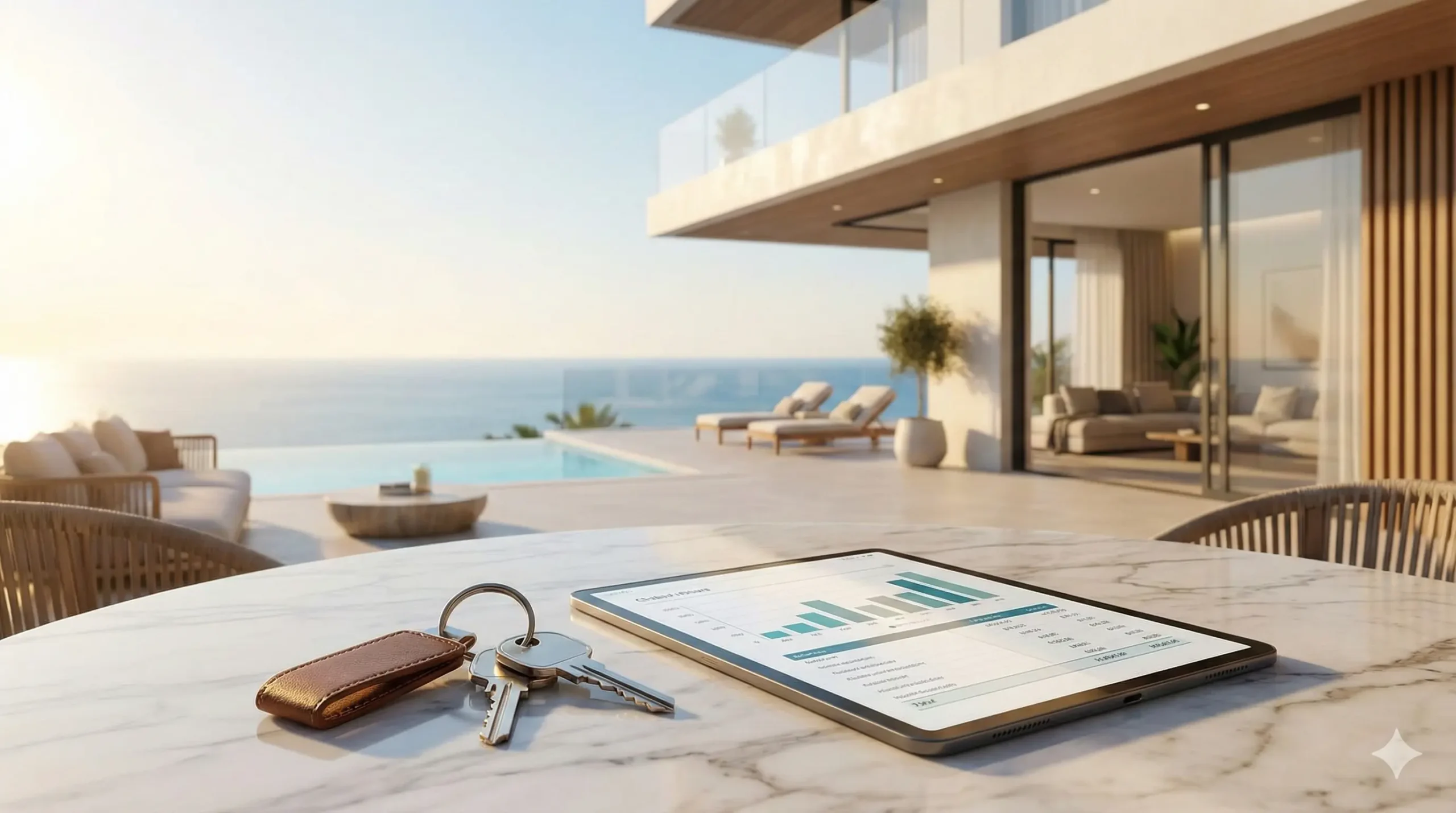 Cyprus Real Estate Purchase Costs 2026 — Sunpaphos Guide Luxury villa in Cyprus with house keys and tablet showing property purchase cost calculations for 2026