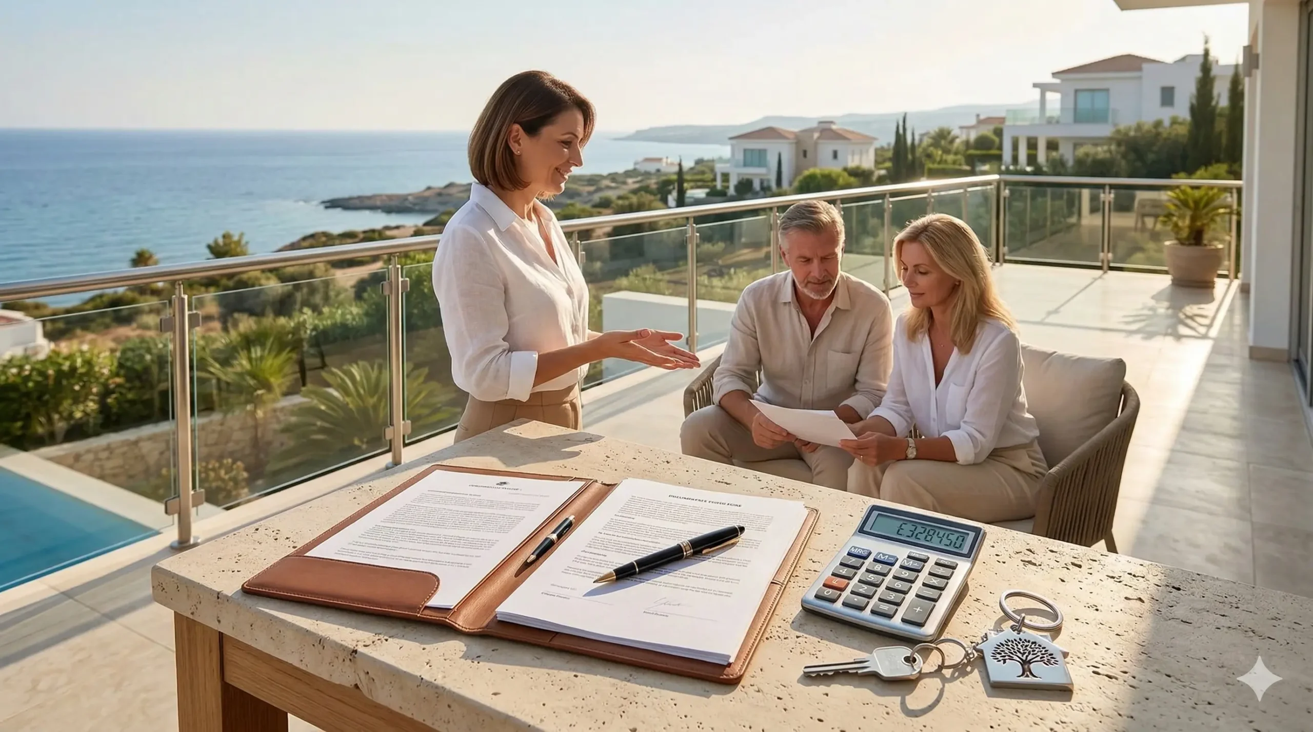 Calculating Property Buying Expenses in Paphos Real estate agent showing a calculator with investment costs to an affluent couple purchasing a luxury villa with sea view in Paphos, Cyprus.