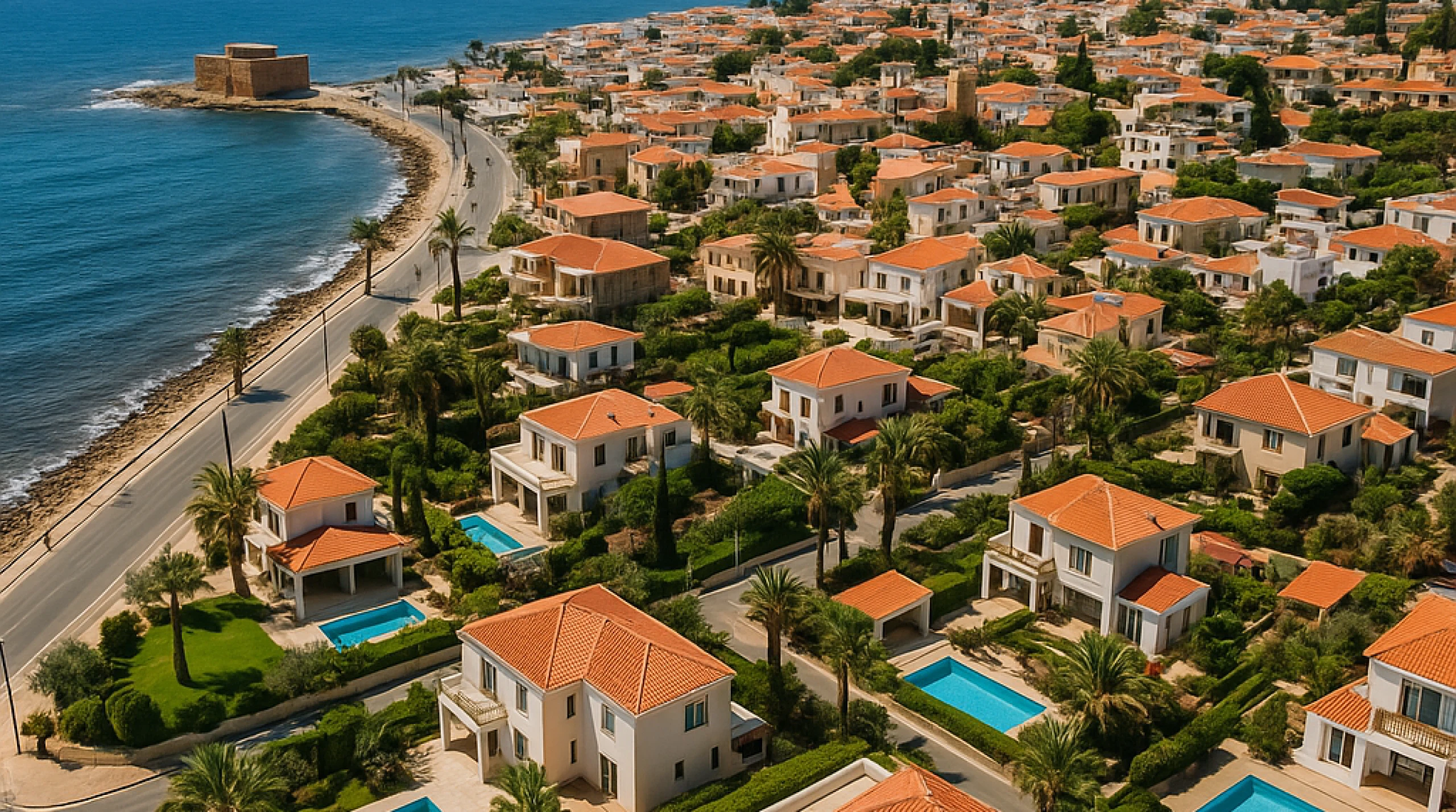 Scenic view of Paphos, Cyprus, highlighting residential neighborhoods and coastal areas.