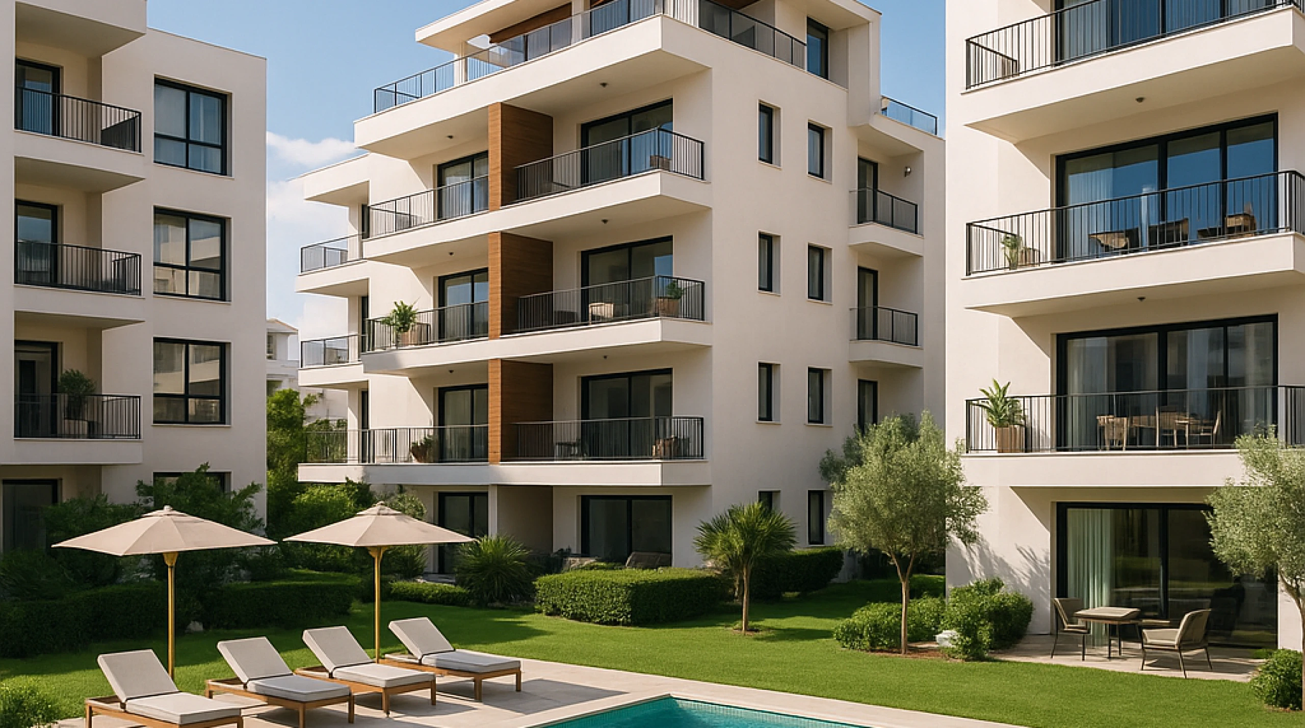 Modern apartment complex in Cyprus with swimming pool and green spaces