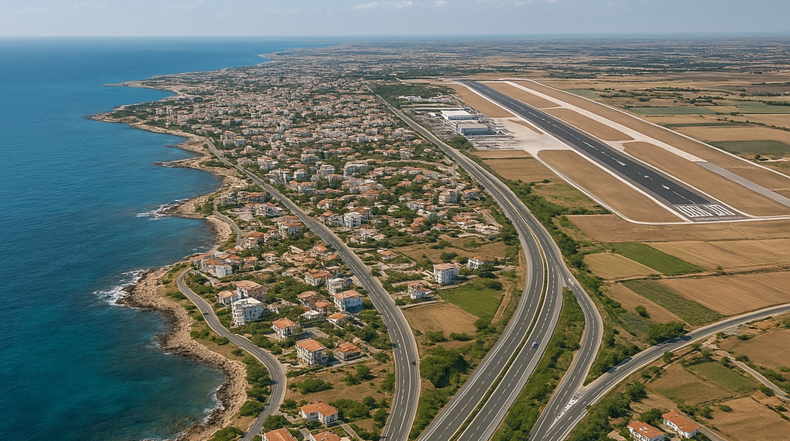Aerial view of Paphos, Cyprus highlighting the transport infrastructure including roads and the airport.